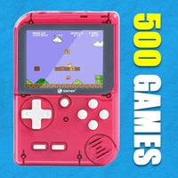 The menu screen of the Sameo Dreamboy handheld console, showing the selection of 500 classic retro games