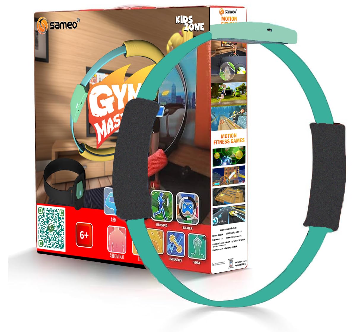 The Sameo Gym Master motion fitness ring with its adjustable leg strap sensor, designed for kids' interactive exercise games.
