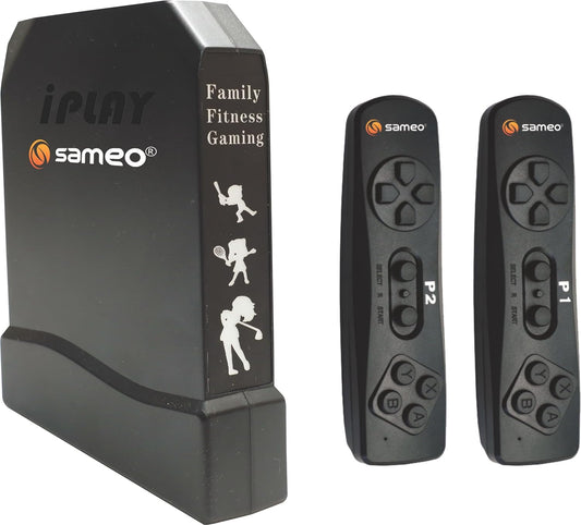 Sameo i Play 32-Bit Motion TV Game Console with two wireless controllers displayed in front of its retail box