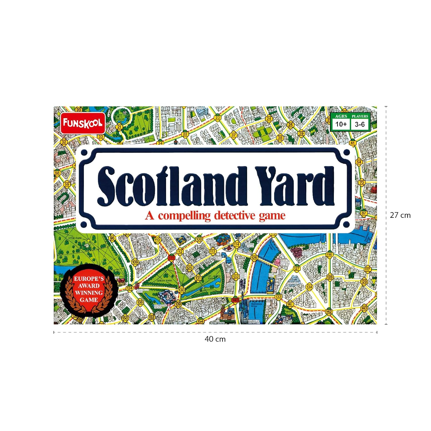 Front view of Funskool Scotland Yard game packaging