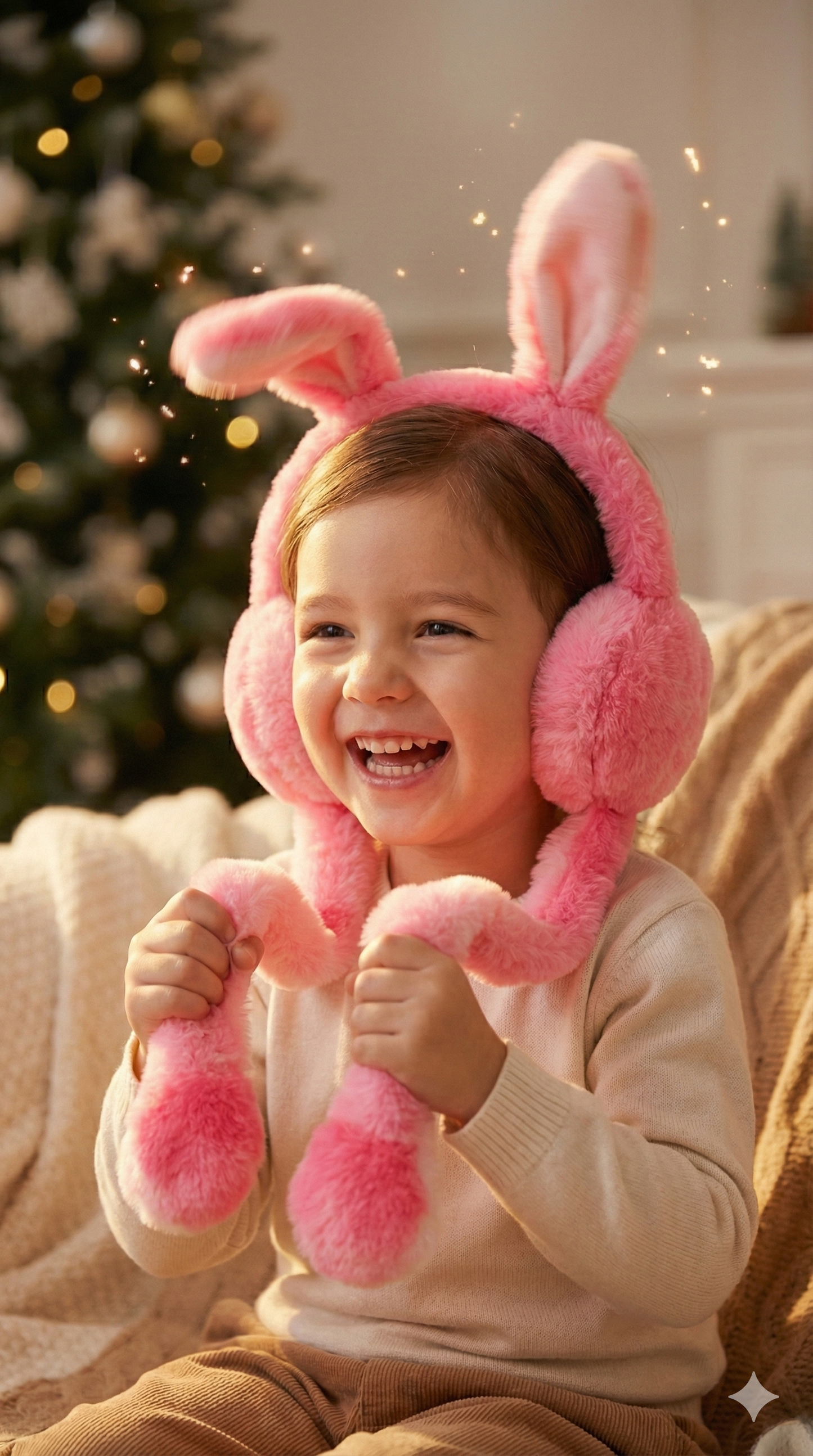 Little girl wearing soft pastel rainbow bunny earmuffs with a warm winter outfit.