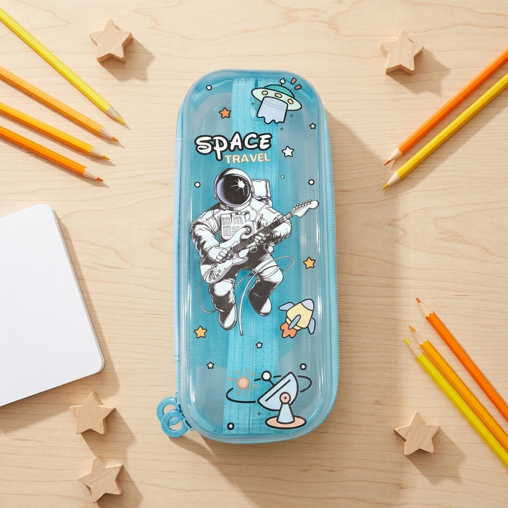 Transparent front pencil organizer pouch with space travel astronaut design for back to school