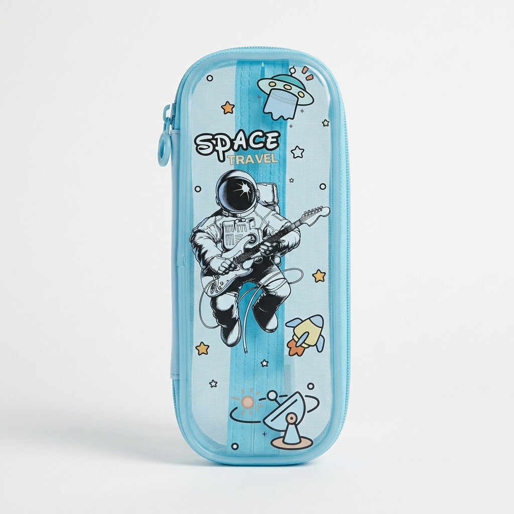 Space Travel holographic pencil pouch for kids with astronaut design and transparent front panel