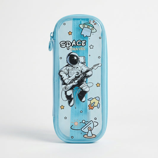 Space Travel holographic pencil pouch for kids with astronaut design and transparent front panel