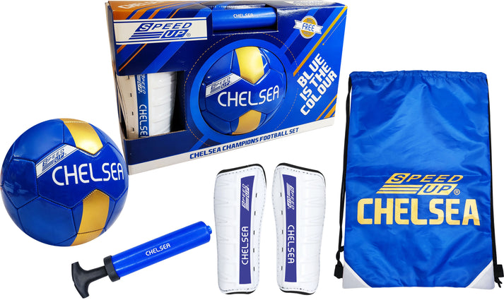 Speed Up Chelsea Champions Football Set with ball, shin guards, pump, and bag