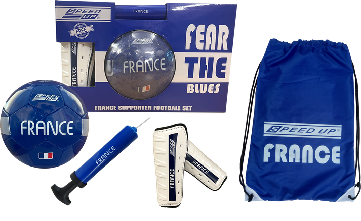 Speed Up France Supporter Football Set with ball, pump, shin guards, and bag