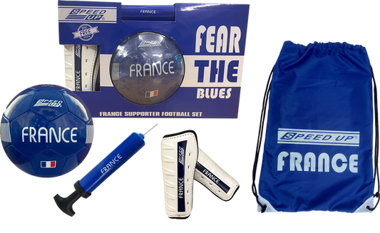 Speed Up France Supporter Football Set with ball, pump, shin guards, and bag