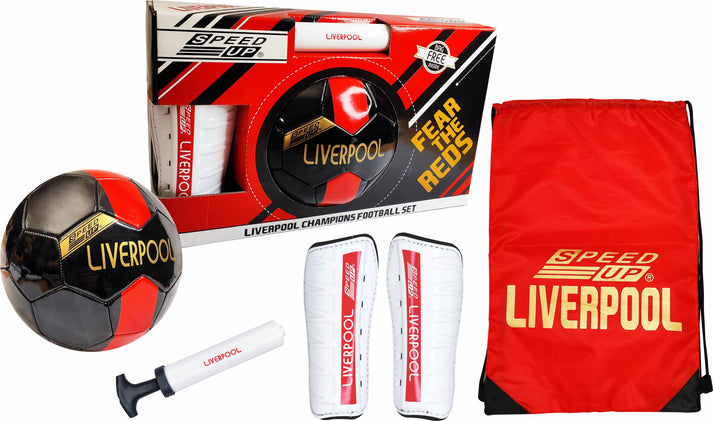 Speed Up Liverpool Champions Football Set with ball, shin guards, pump, and carry bag