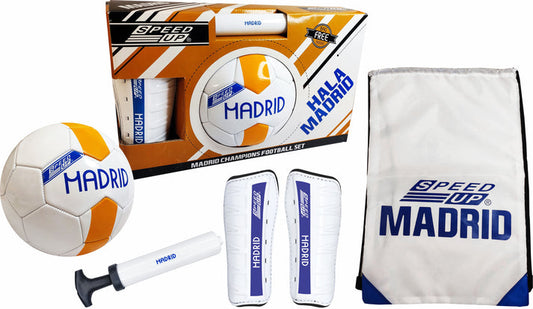 Speed Up Madrid Champions Football Set with ball, shin guards, pump, and bag