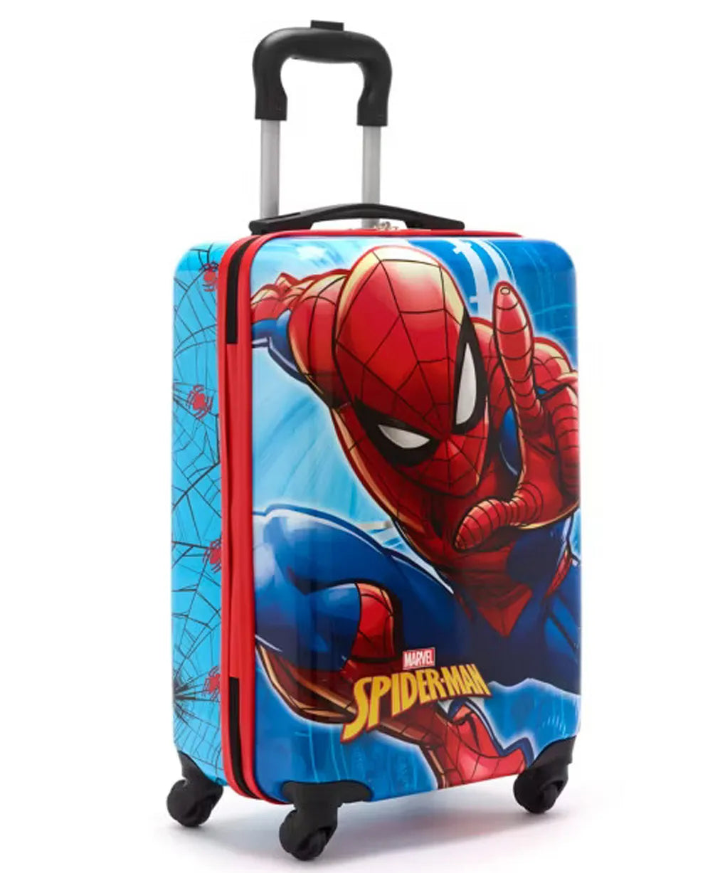 side view of lightweight spiderman kids trolley bag with 4 wheels