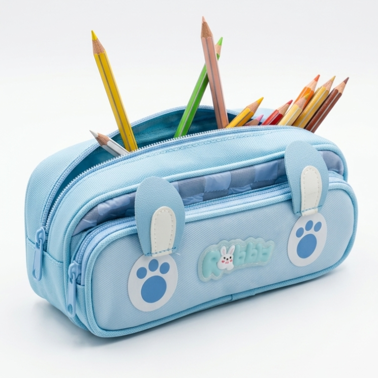 Cute Bunny Pencil Pouch for Girls & Kids | Aesthetic Blue Zipper Pencil Case | Kawaii Stationery Organizer Bag
