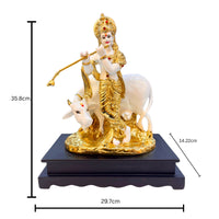 Handcrafted Lord Krishna Idol with Cow – Gold Finish Resin Statue of Krishna Playing Flute for Home Temple & Décor (35.8 cm)