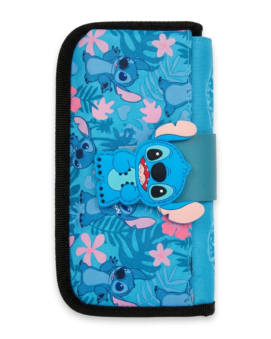 Electric blue Stitch character pencil case featuring a 3D rubber charm, black zip trim, and a pink tropical floral print.