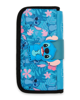 Electric blue Stitch character pencil case featuring a 3D rubber charm, black zip trim, and a pink tropical floral print.