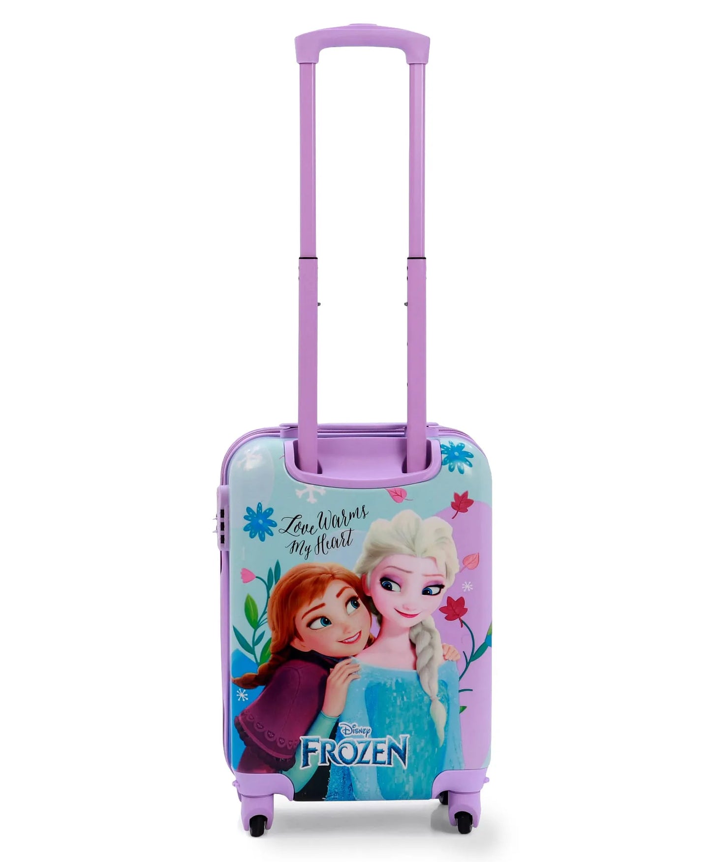 back view of striders frozen kids trolley suitcase frozen theme 18 inch lightweight abs polycarbonate luggage for children age 3 plus