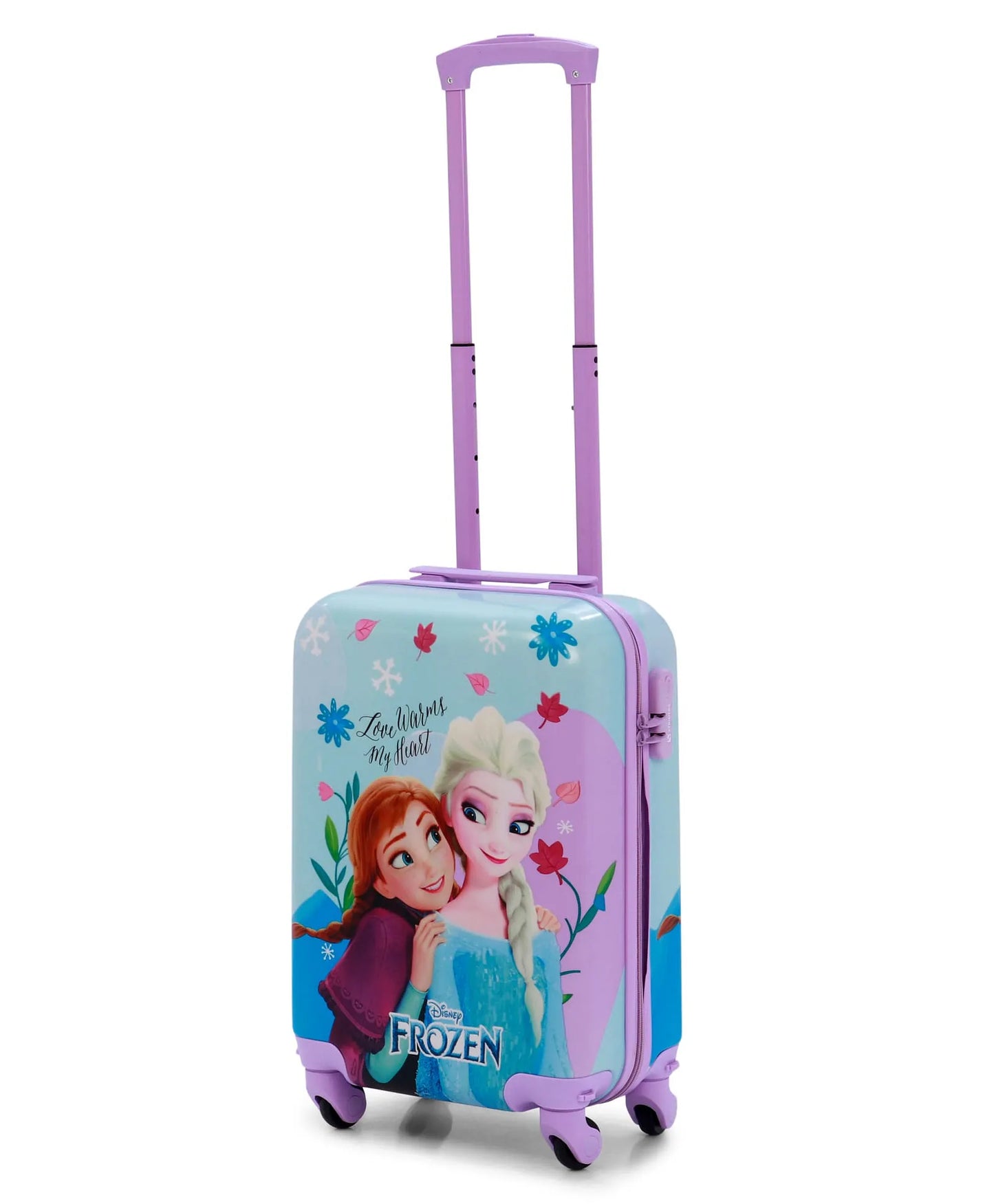 side view of frozen kids luggage pink 18 inch lightweight abs polycarbonate spinner suitcase travel friendly
