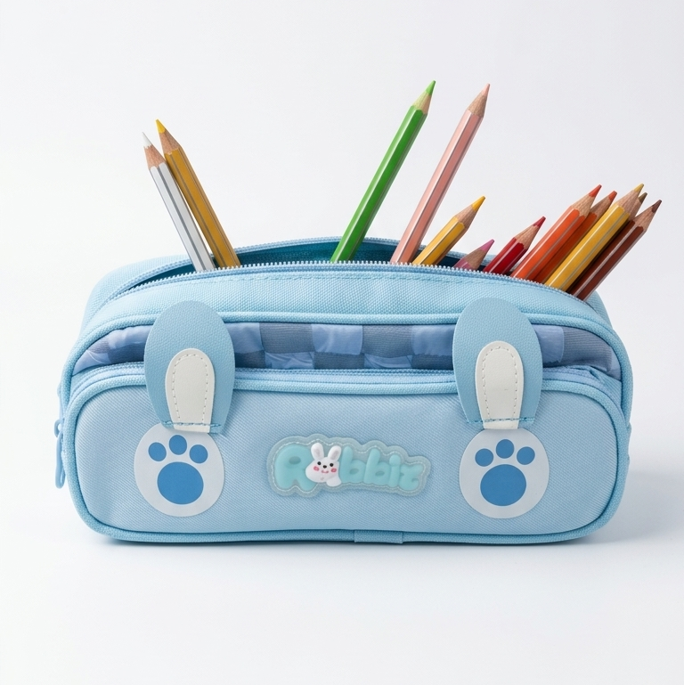 Cute pencil case bunny design with embroidery detailing blue