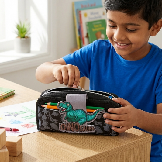 Dinosaur T-Rex pencil pouch black grey front view for kids boys