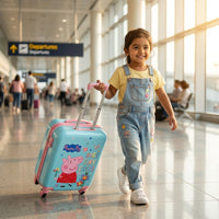 Kids rolling suitcase with full-panel cartoon character print, blue and pink, front view studio white background