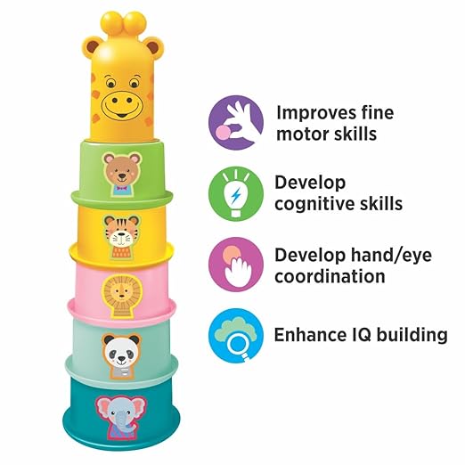 Toddler stacking cup toy set with giraffe tower topper – fine motor skill development