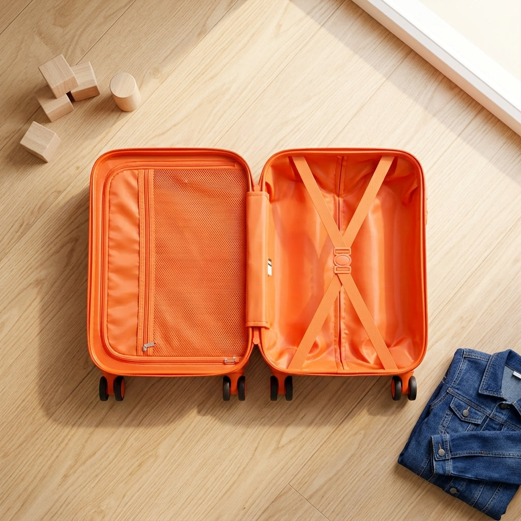 Toddler boy packing toys into orange hard shell kids suitcase with interior mesh pocket and strap