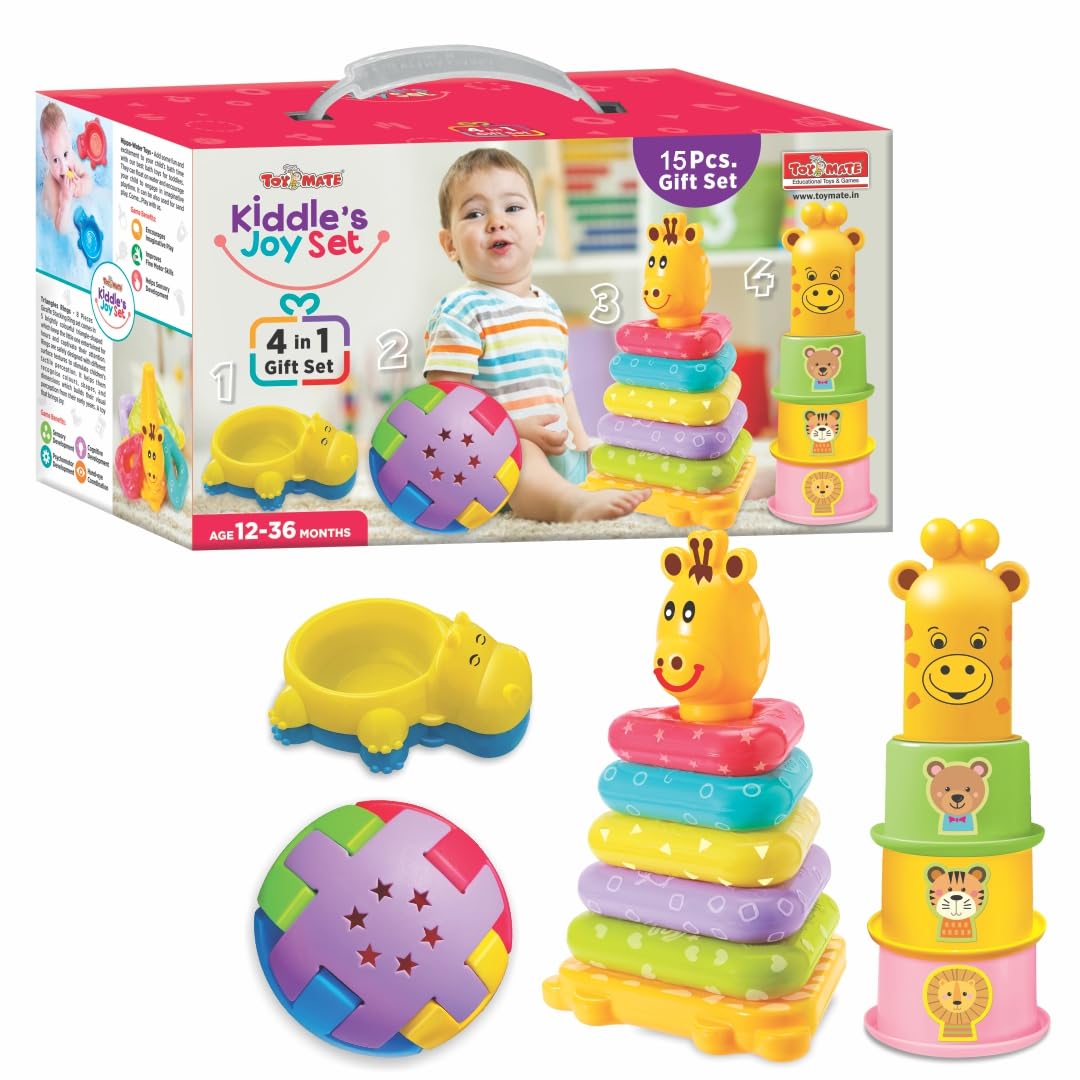Toy Mate Kiddle's Joy Set 4-in-1 gift set 15 pieces giraffe ring stacker animal stacking cups sensory ball rocking bowl 12 to 36 months