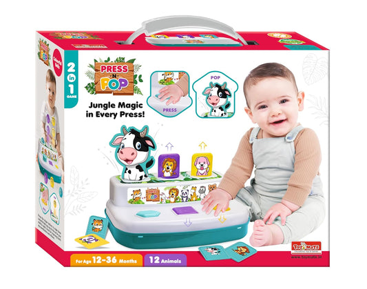 Toy Mate Press-N-Pop 2-in-1 jungle animal game 12 animal cards press and pop toddler educational toy 12 to 36 months