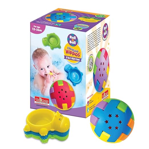 Toy Mate Roll-a-Ball and Floating Hippos 2-in-1 gift set sensory rattle ball bath stacking hippo toys 12 to 36 months