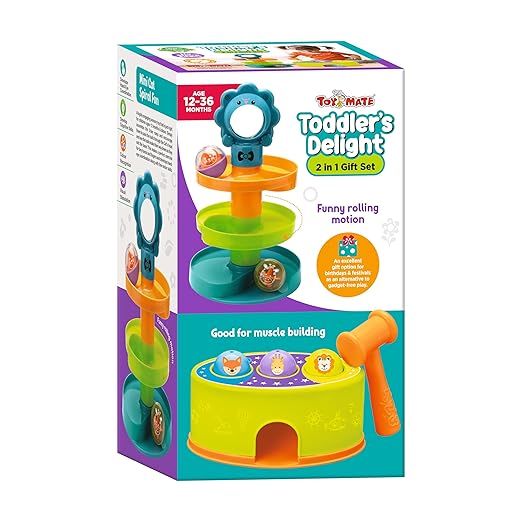 oy Mate Toddler's Delight 2-in-1 gift set spiral rolling ball tower and hammer pound game for babies 12 to 36 months