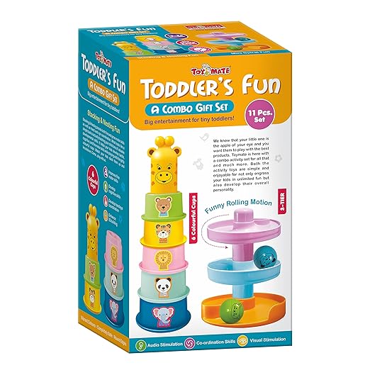 Toy Mate Toddler's Fun 11 piece combo gift set animal stacking cups and 3-tier rolling ball tower 12 to 36 months