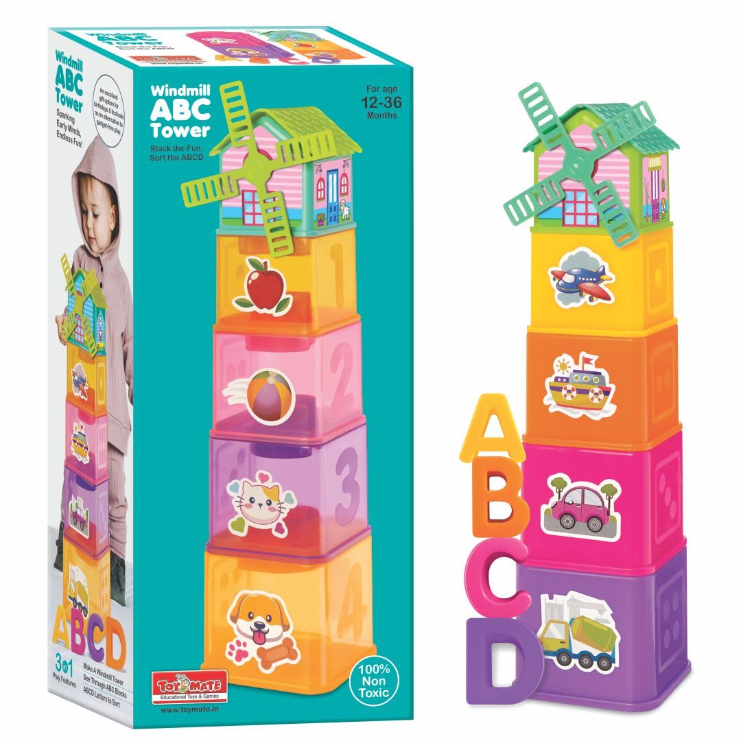 Toy Mate Windmill ABC Tower 3-in-1 educational stacking toy see-through ABC blocks ABCD letter sorting 12 to 36 months