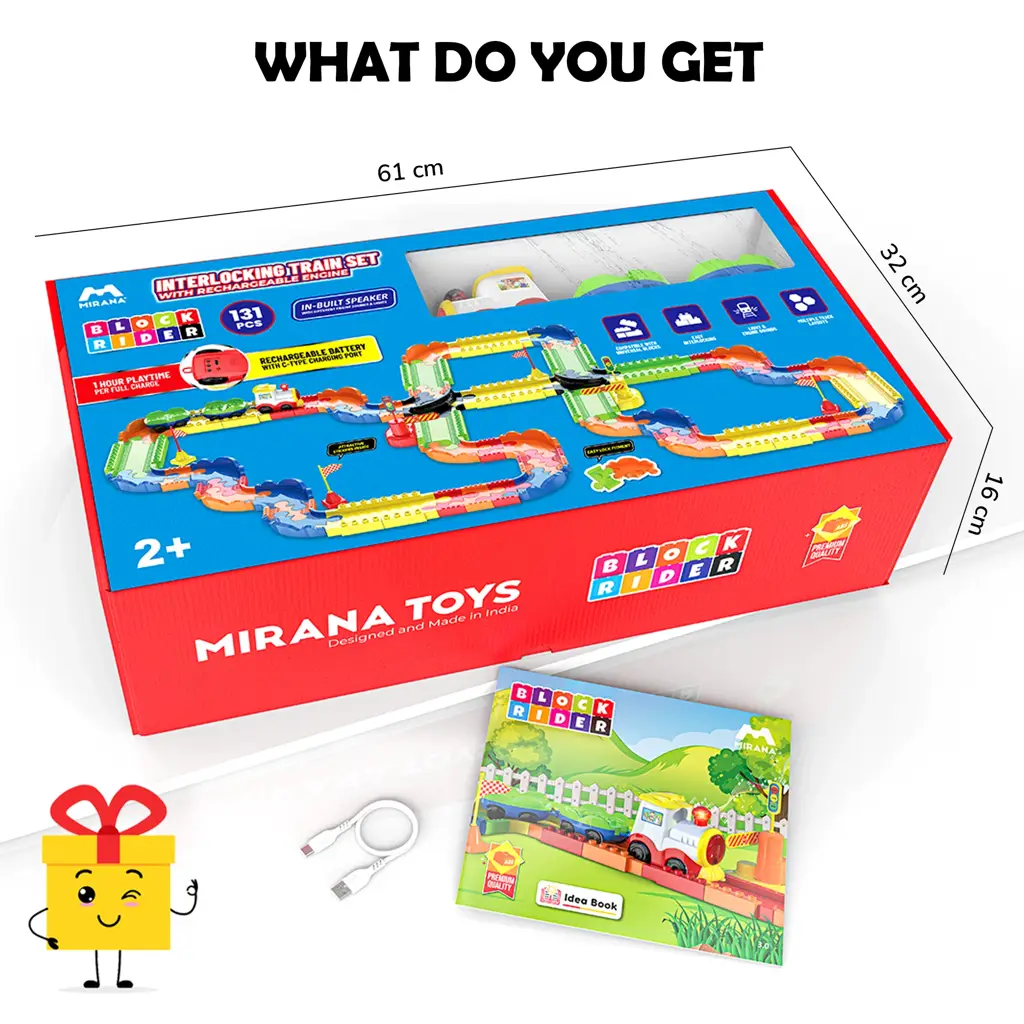 Toy train set with interlocking blocks and track layout for children’s playtime.