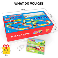 Toy train set with interlocking blocks and track layout for children’s playtime.