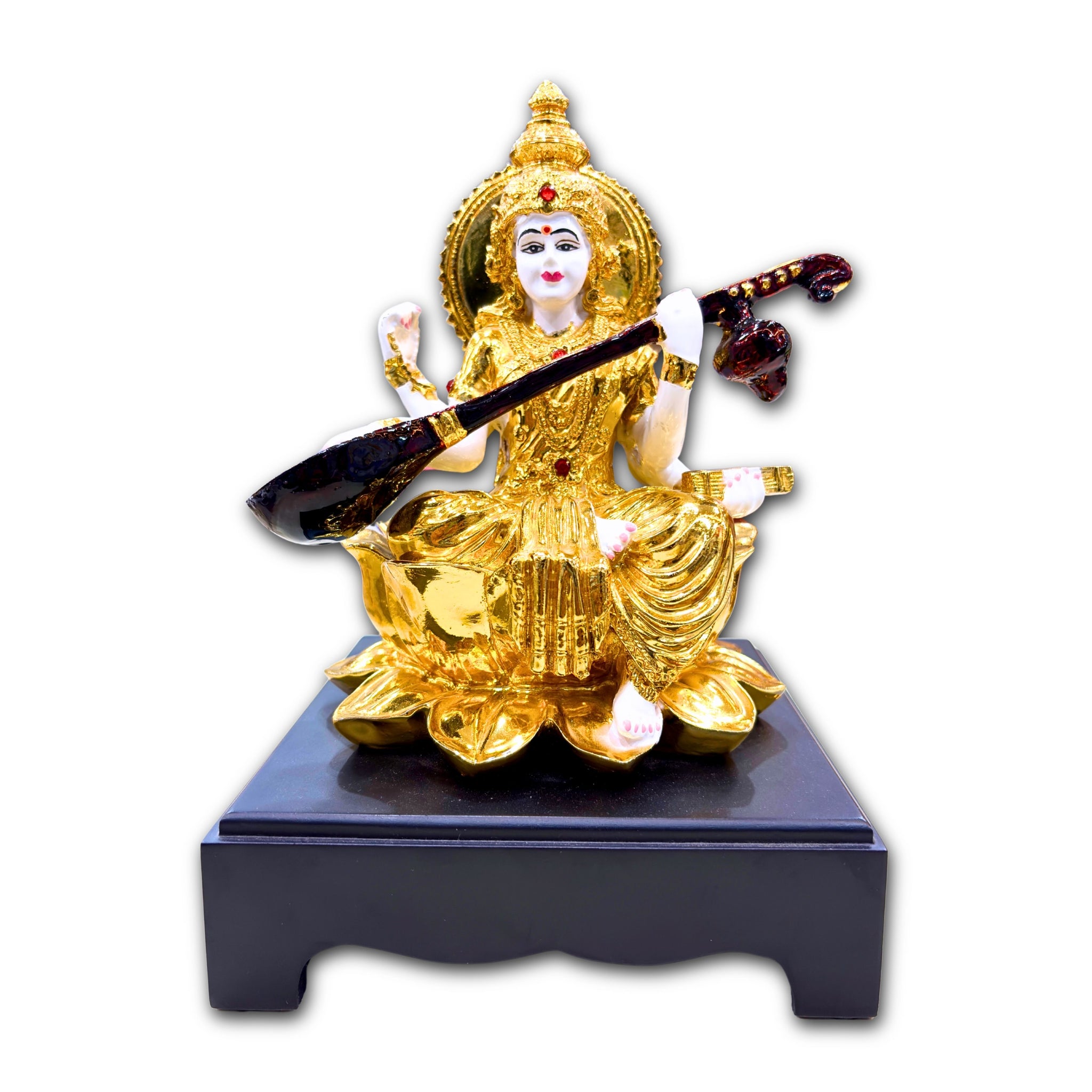 Handcrafted Goddess Saraswati Idol in Gold Finish Resin Sitting on Lotus with Veena – 26.6 cm Decorative Statue for Home & Office