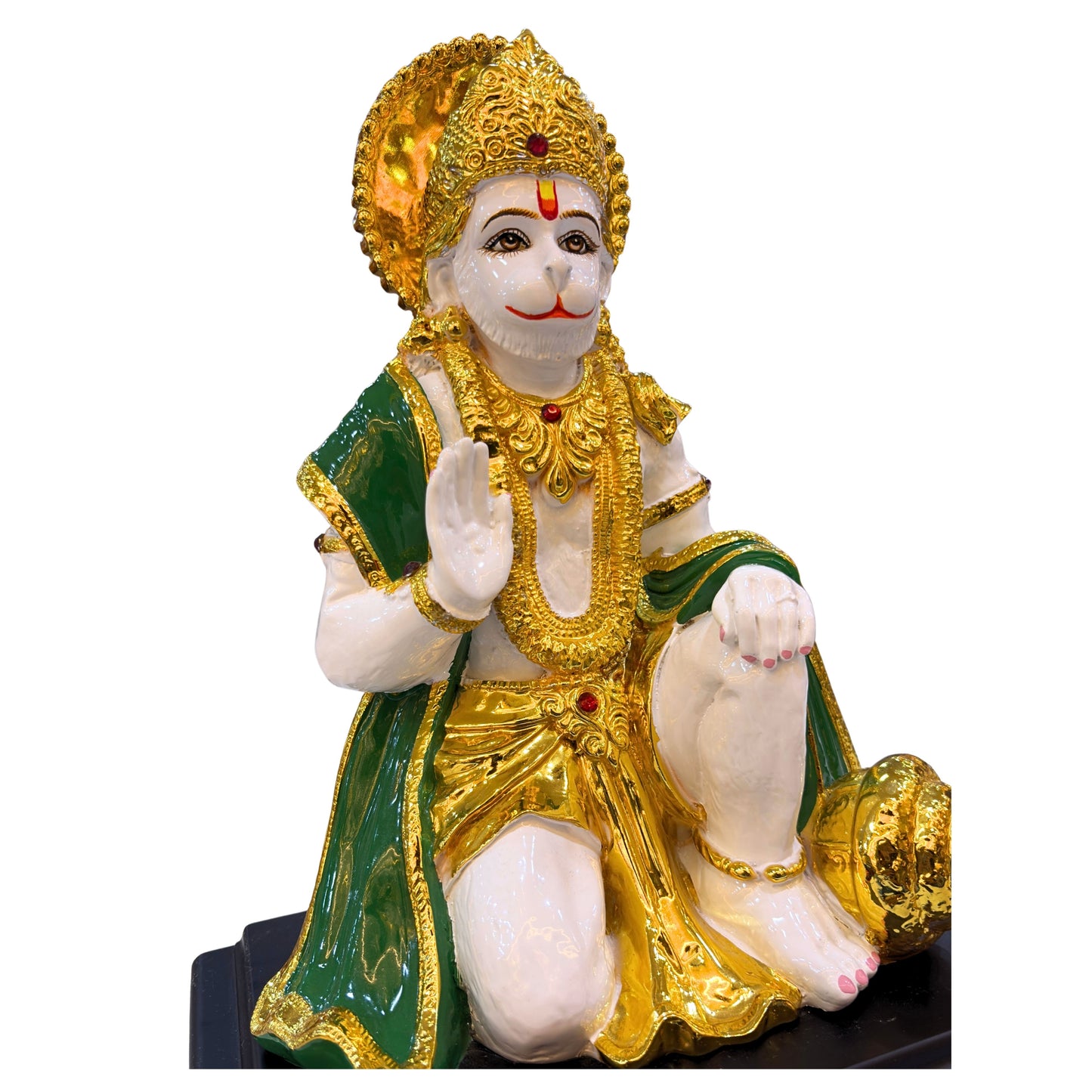 Premium golden and white Lord Hanuman resin idol – handcrafted Hindu god statue symbolizing strength, devotion, and protection for home temple décor.