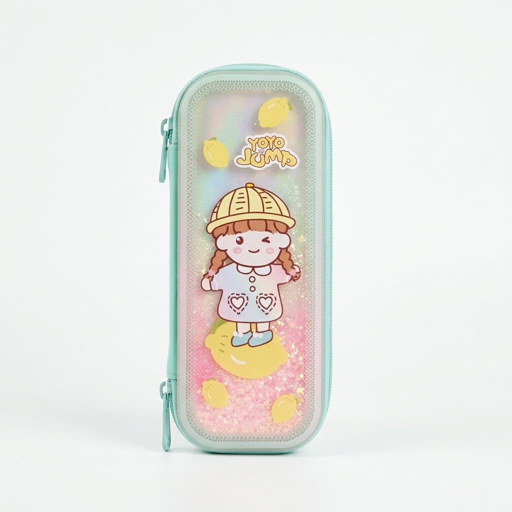 Mint aesthetic pencil case with kawaii Yoyo Jump girl and glitter panel – back to school students