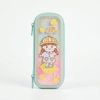 Mint aesthetic pencil case with kawaii Yoyo Jump girl and glitter panel – back to school students