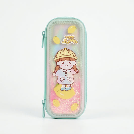 Mint aesthetic pencil case with kawaii Yoyo Jump girl and glitter panel – back to school students