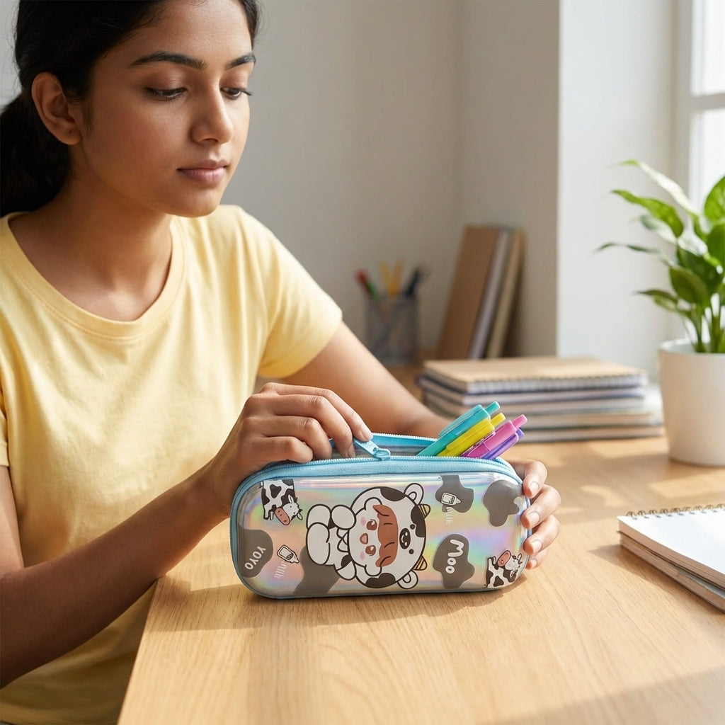 Cute pencil box gift for girls – Moo Yoyo cow themed holographic stationery organizer pouch