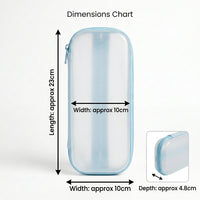 Transparent pencil pouch size chart showing 23cm length, 10cm width and 4.8cm depth