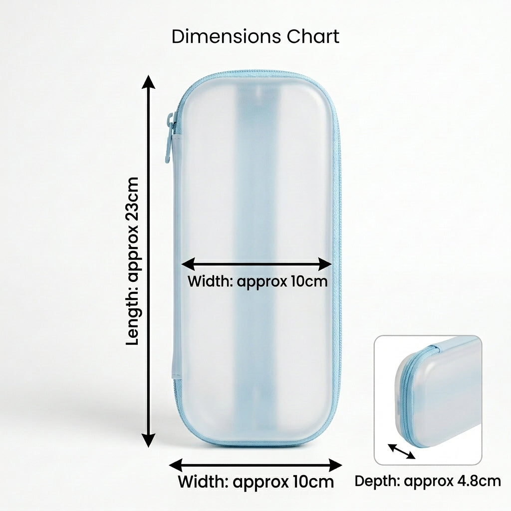 Transparent pencil pouch size chart showing 23cm length, 10cm width and 4.8cm depth