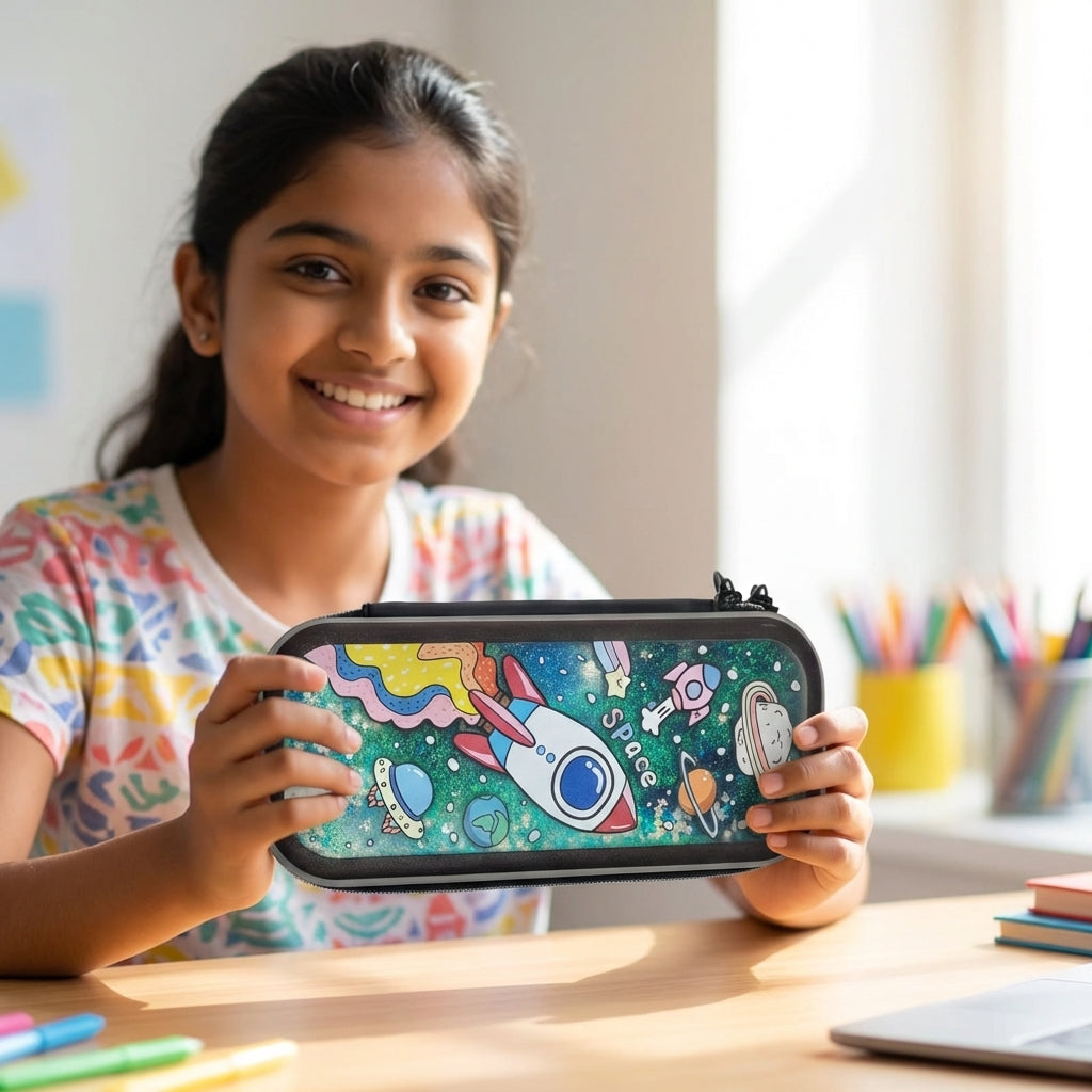 Transparent glitter pencil pouch with planets and spaceship print