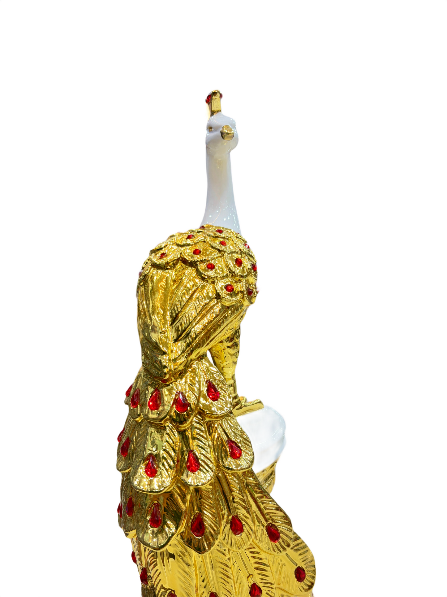 White poly stone peacock pillar showpiece with golden accents and red gemstone details

