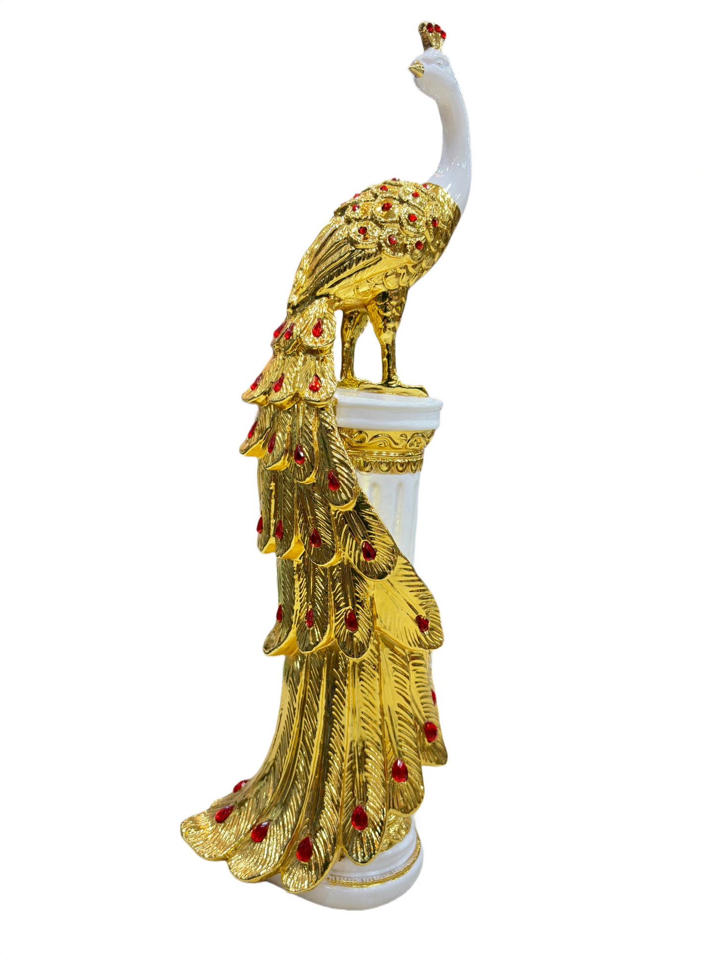 White poly stone peacock pillar showpiece with golden accents and red gemstone details
