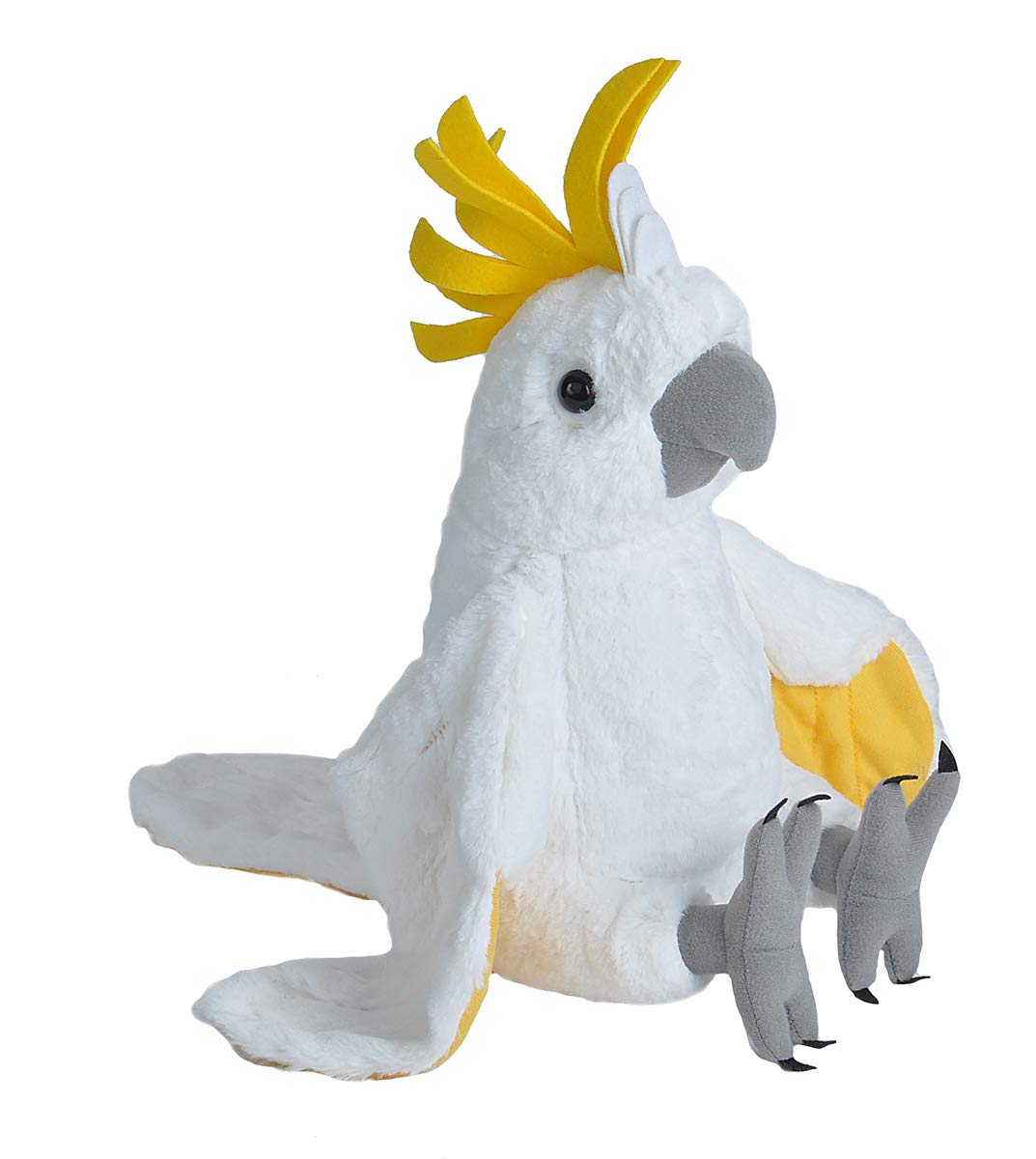 Plush toy parrot with yellow crest and wings on a white background