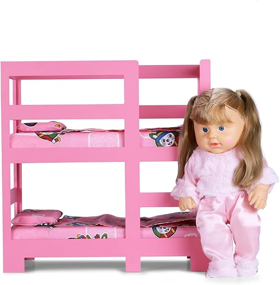 Wooden pink doll bunk bed playset with colorful bedding