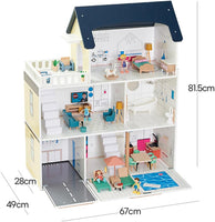 “3-story wooden dollhouse side view showing balcony, rooms, and modern design”