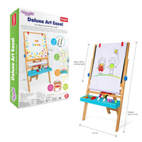 Child playing with wooden easel magnetic board with alphabets and numbers"