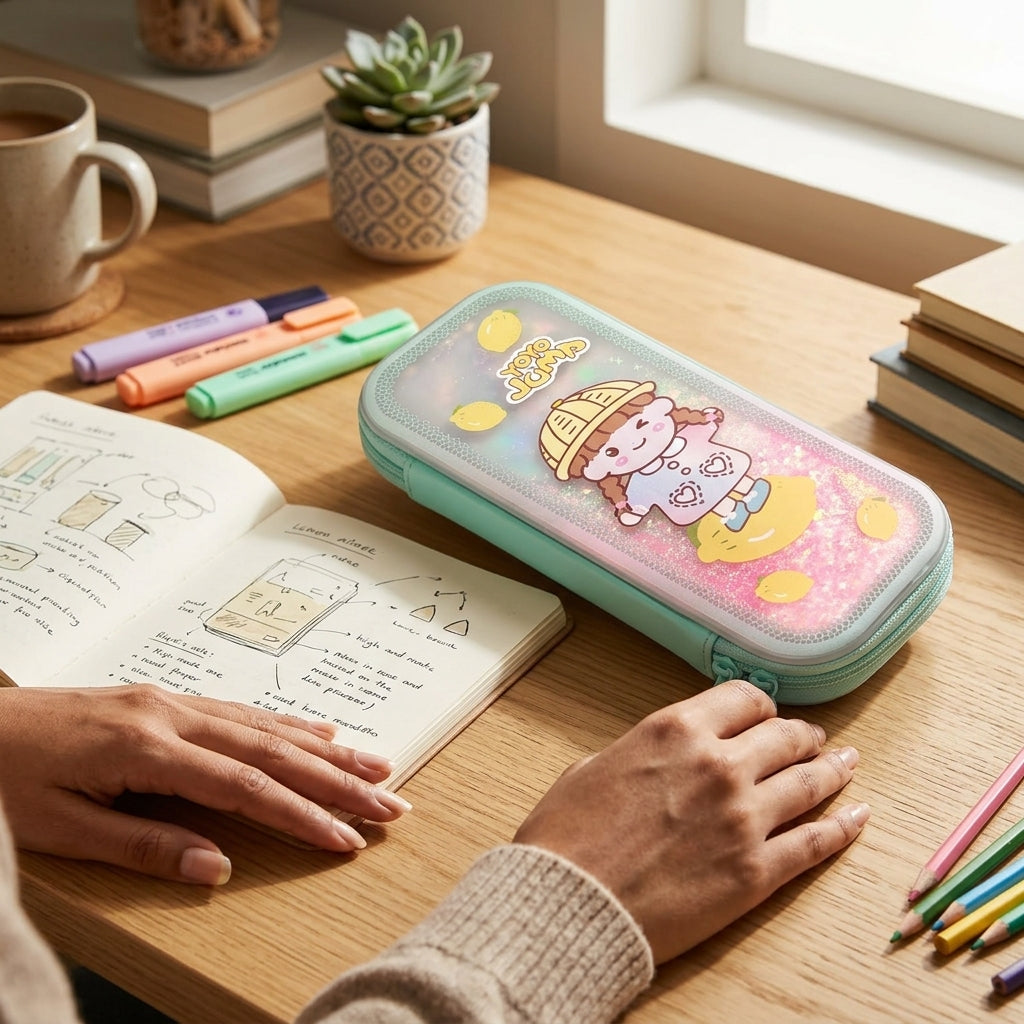 Yoyo Jump kawaii girl glitter pencil case mint teal with transparent lemon quicksand front panel