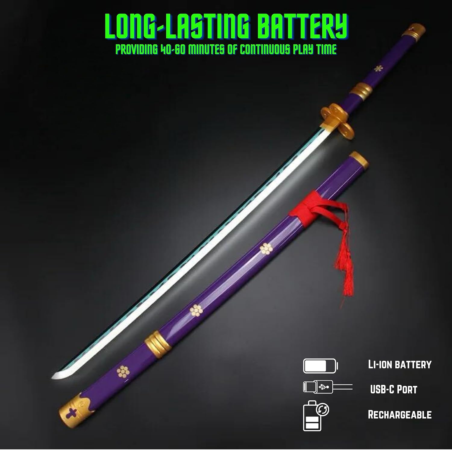 Rechargeable sword with purple handle and green blade on a black background, featuring text about battery life and charging.